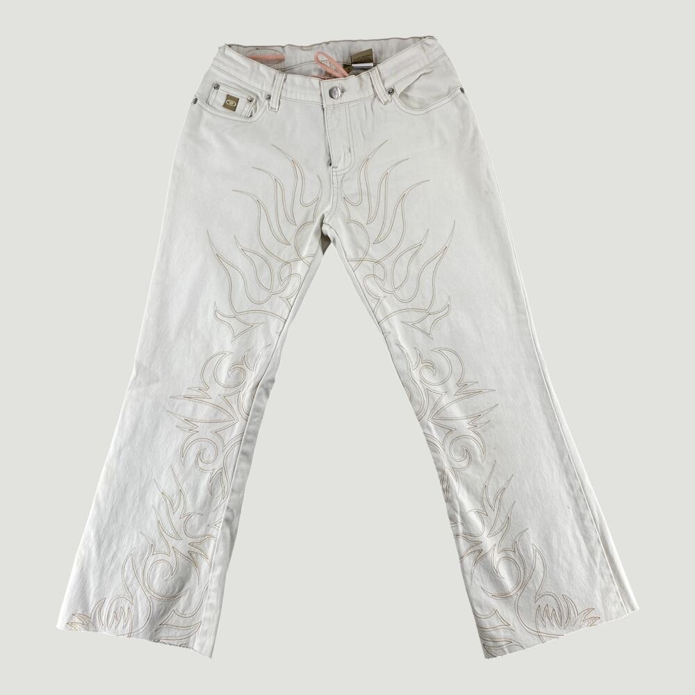Y2K Tribal Flame Embroidered White Jeans Womens Size 9 Wide Leg Stretch Denim